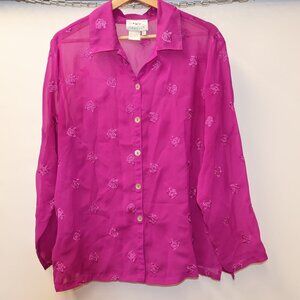 Country Wear Casuals Sheer Pink Button-Up Blouse With Embroidered Floral Pattern